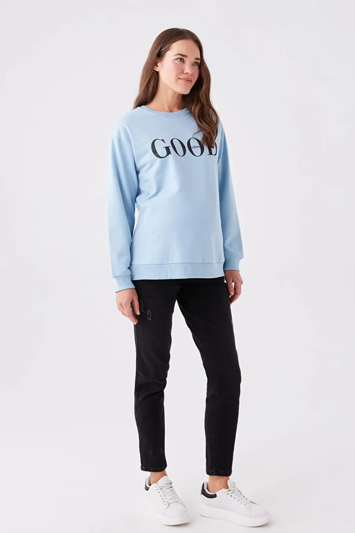 Crew Neck Printed Long Sleeve Maternity Sweatshirt Blue - 8059