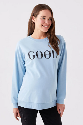 Crew Neck Printed Long Sleeve Maternity Sweatshirt Blue - 8059