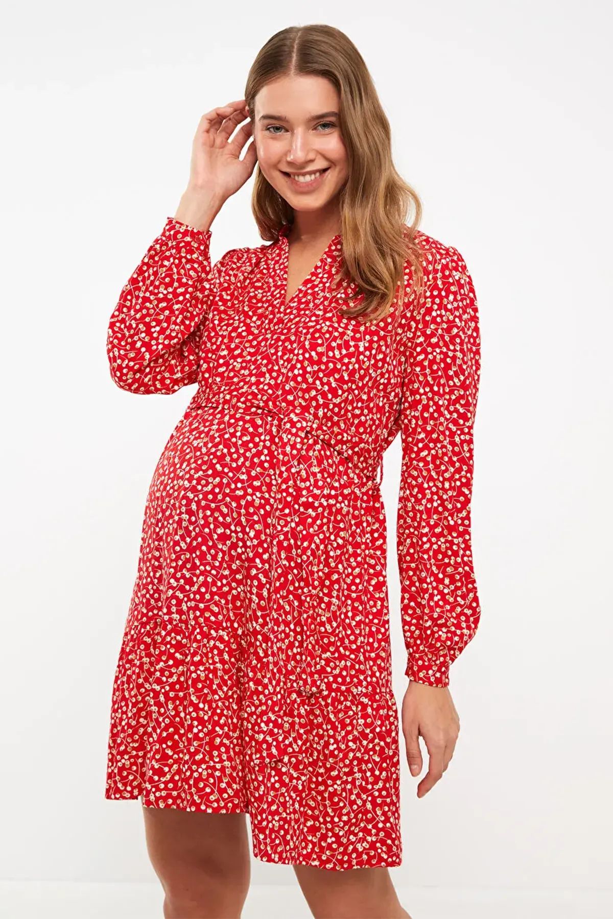 Patterned V-Neck Maternity Dress Red - 8114