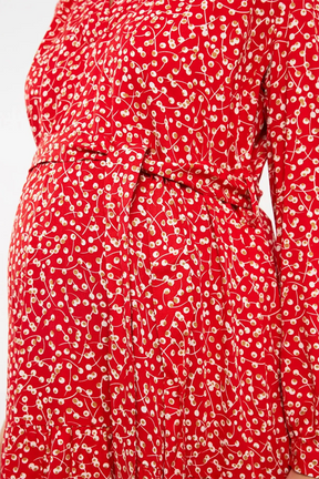 Patterned V-Neck Maternity Dress Red - 8114