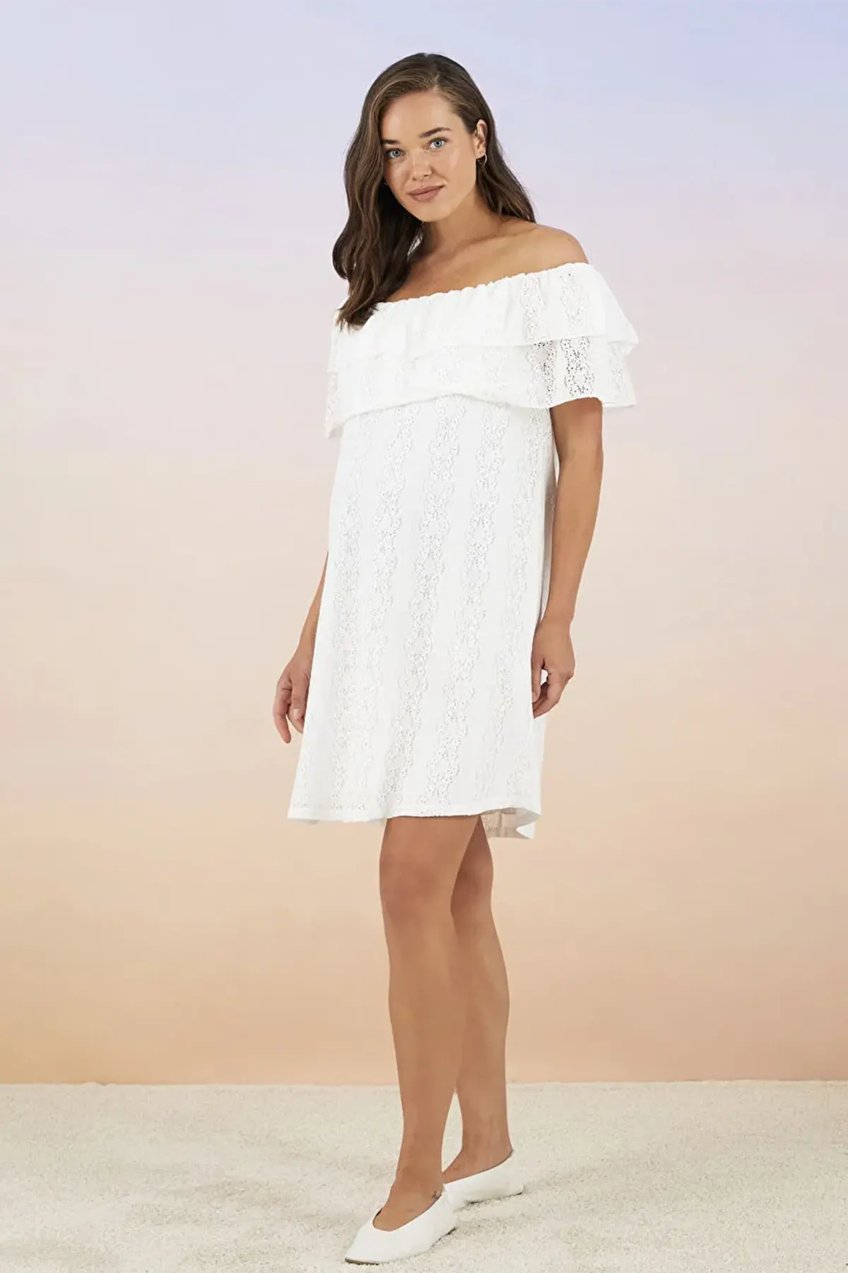 Boat-Neck Embroidered Poplin Maternity Dress Ecru - 8115