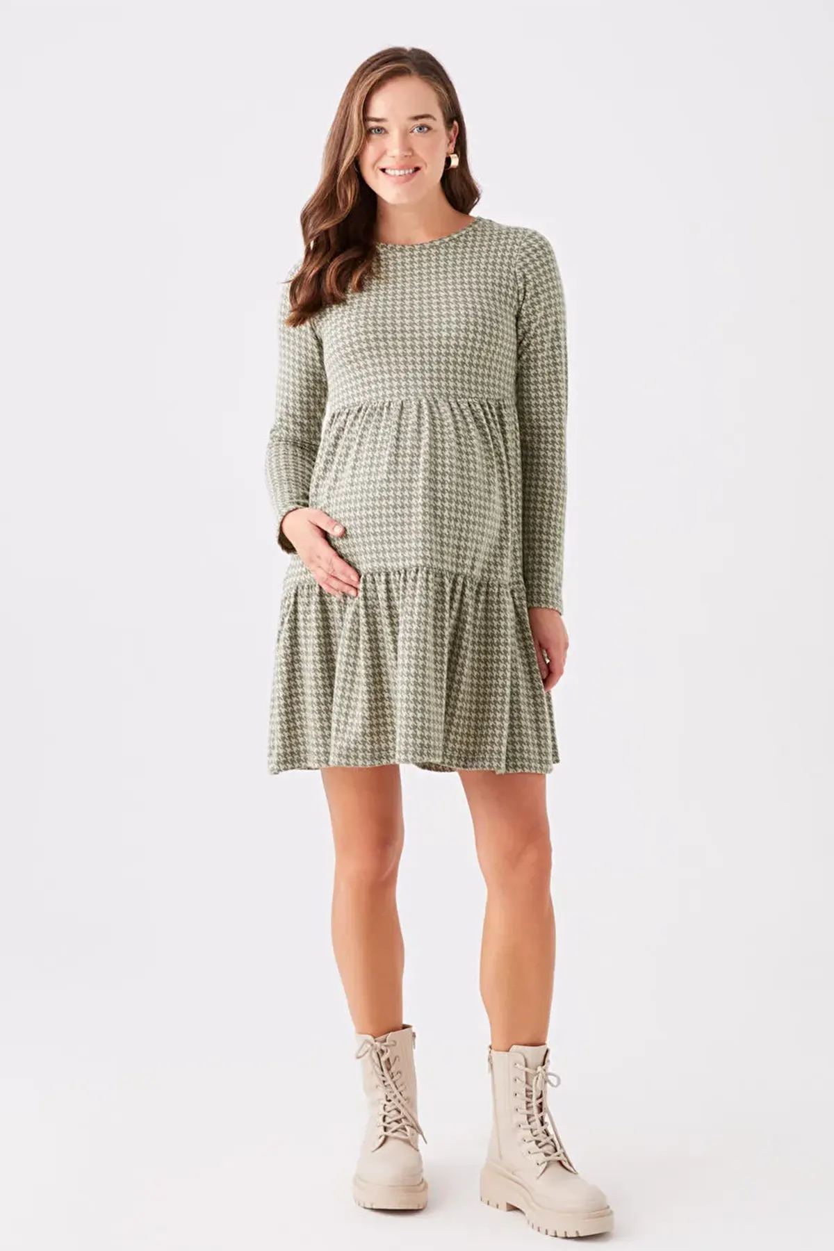 Patterned Long Sleeve Crewneck Maternity Dress Green - 8129