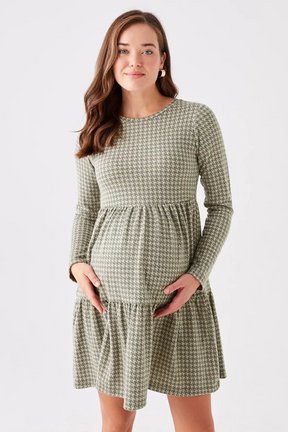 Patterned Long Sleeve Crewneck Maternity Dress Green - 8129