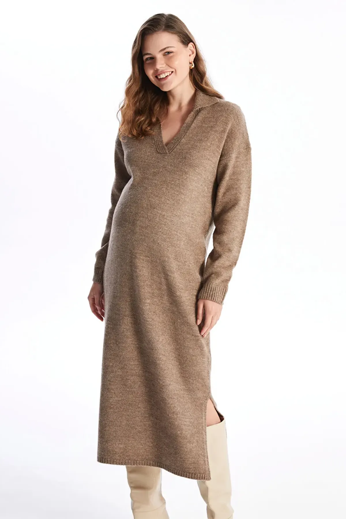 Long Sleeve V-Neck Knitwear Maternity & Nursing Dress Coffee - 8140