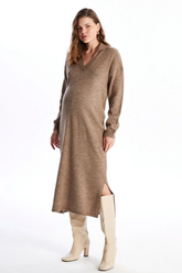 Long Sleeve V-Neck Knitwear Maternity & Nursing Dress Coffee - 8140