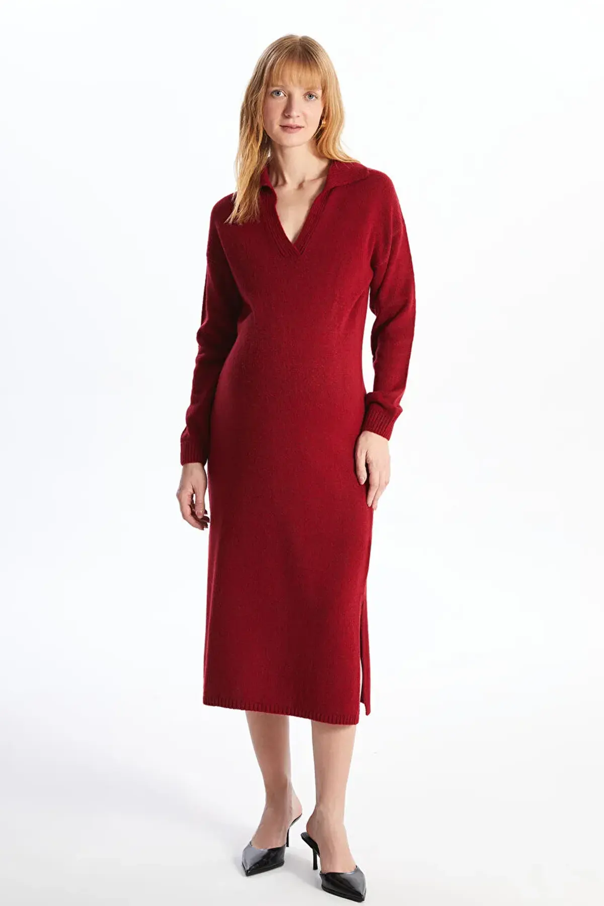 Long Sleeve V-Neck Knitwear Maternity & Nursing Dress Red - 8140