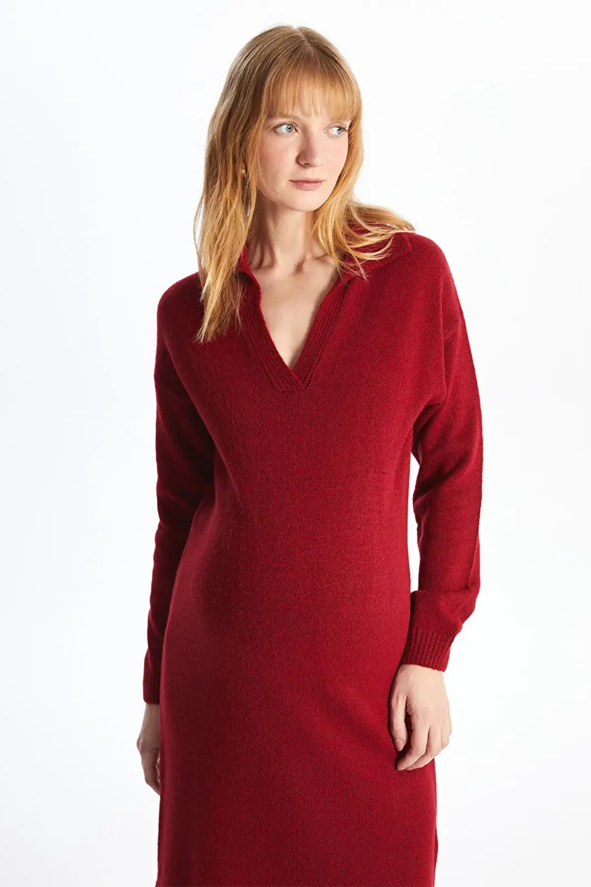 Long Sleeve V-Neck Knitwear Maternity & Nursing Dress Red - 8140