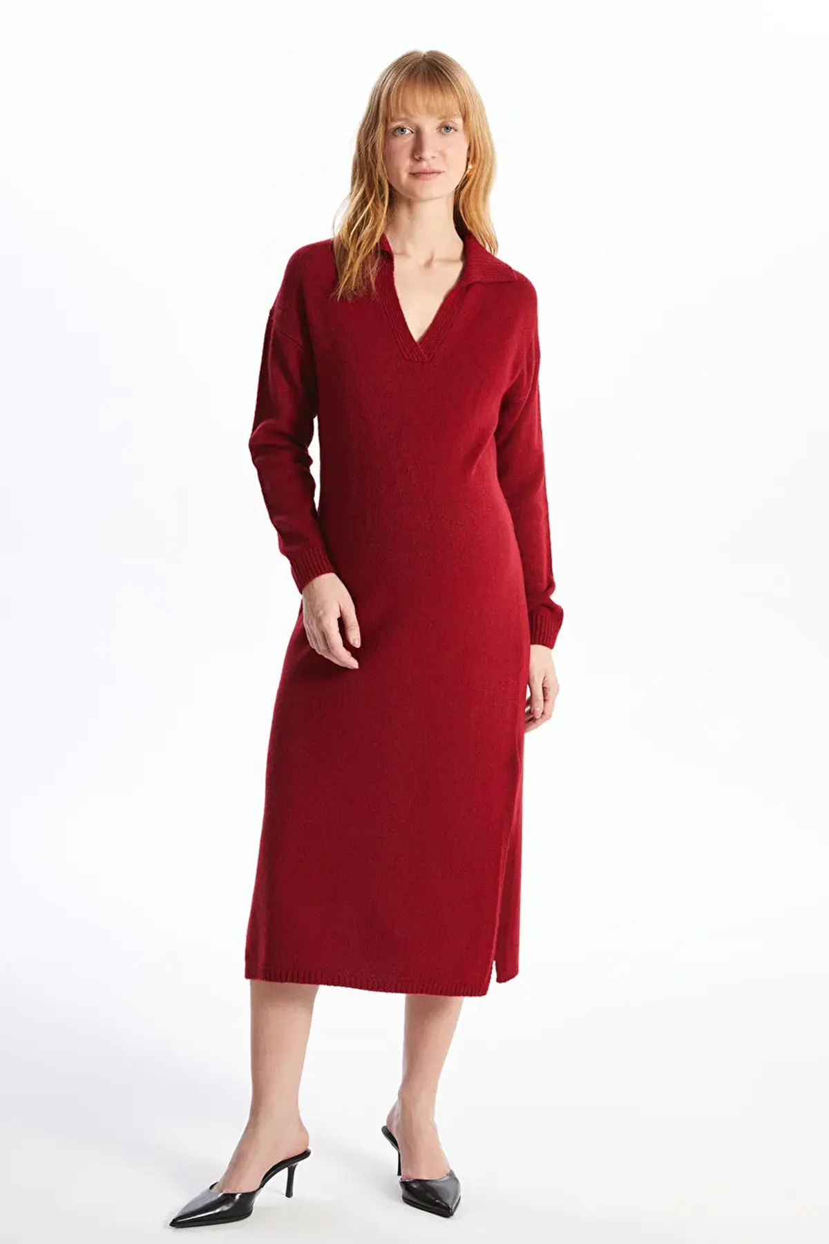 Long Sleeve V-Neck Knitwear Maternity & Nursing Dress Red - 8140