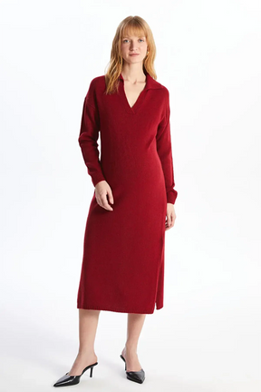 Long Sleeve V-Neck Knitwear Maternity & Nursing Dress Red - 8140