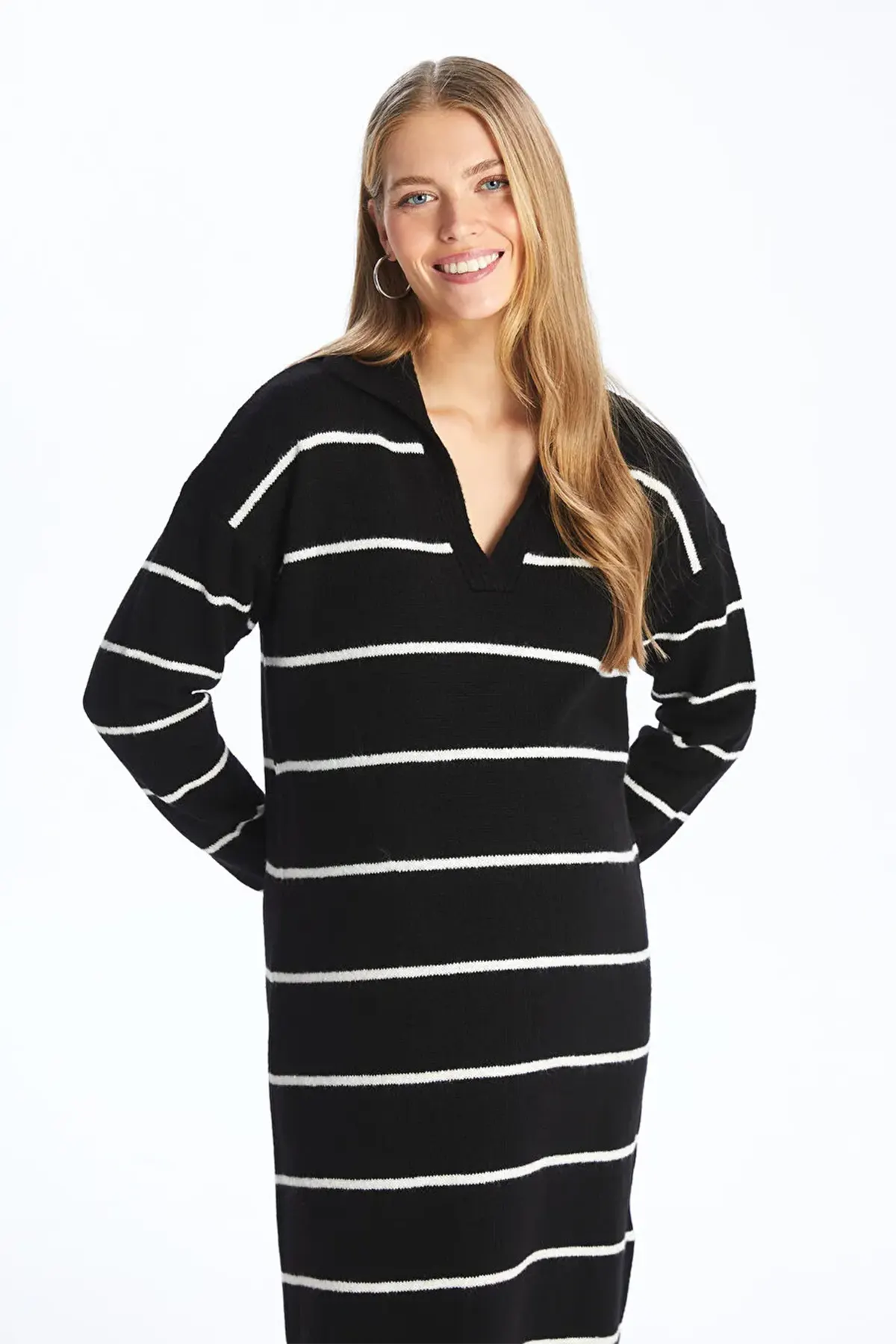 Long Sleeve V-Neck Knitwear Maternity & Nursing Dress Black - 8140