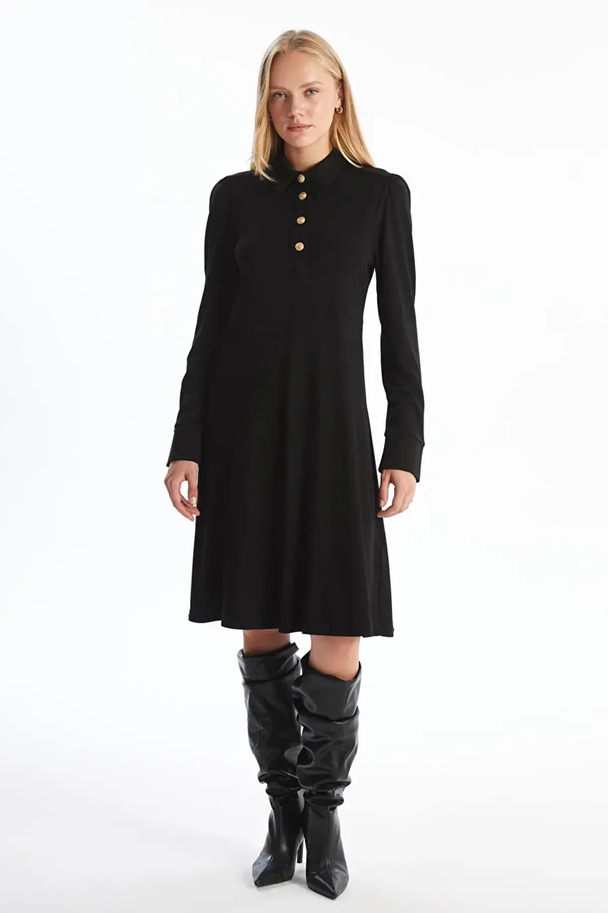 Shirt Collar Midi Maternity & Nursing Dress Black - 8144