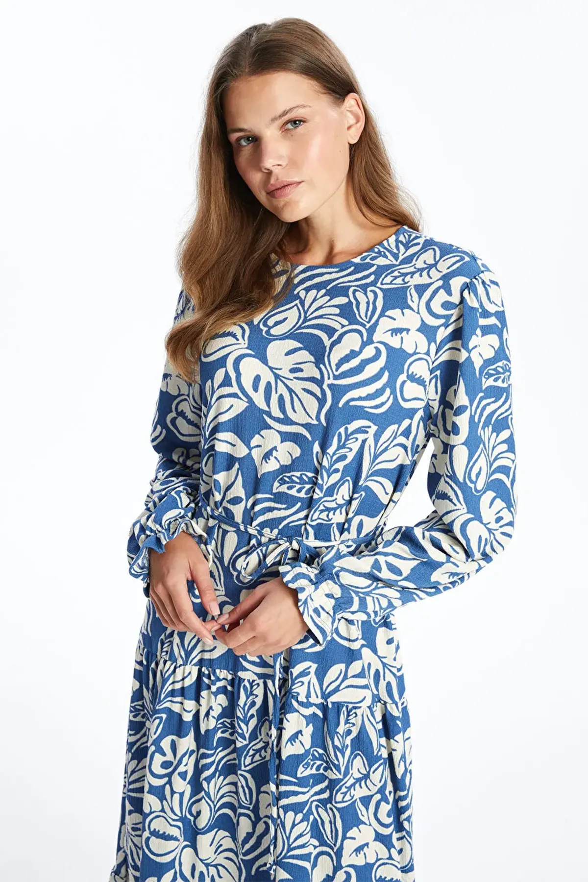 Crewneck Patterned Maternity & Nursing Dress Indigo - 8151