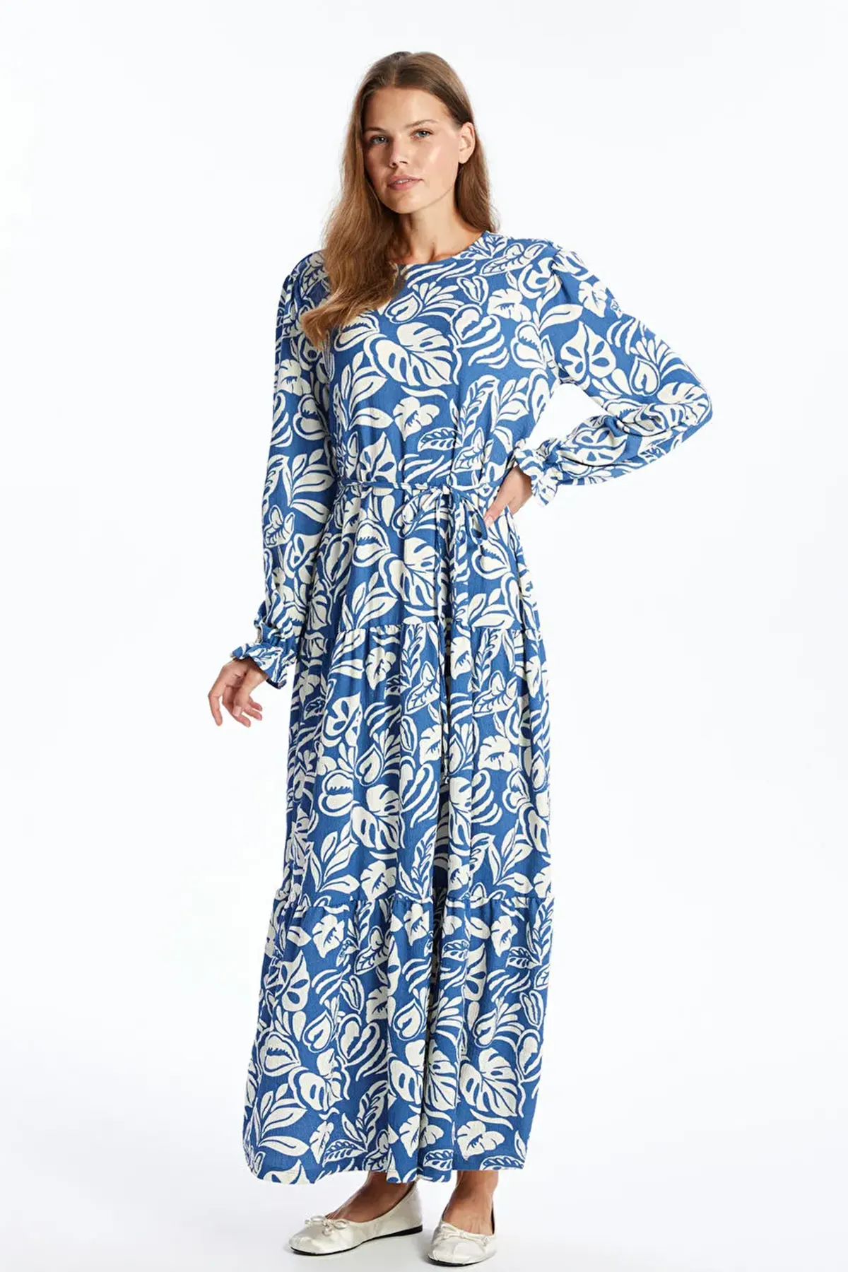 Crewneck Patterned Maternity & Nursing Dress Indigo - 8151