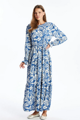 Crewneck Patterned Maternity & Nursing Dress Indigo - 8151