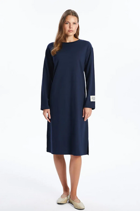 Long Sleeve Crewneck Maternity Dress Navy Blue - 8180