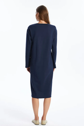 Long Sleeve Crewneck Maternity Dress Navy Blue - 8180