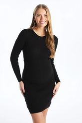 Long Sleeve Crewneck Mini Maternity Dress Black - 8080