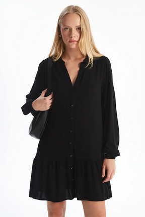 V-Neck Long Sleeve Mini Maternity & Nursing Dress Black - 8196