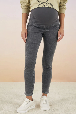 Cotton Panelled Slim Mom Maternity Jeans Grey - 8201