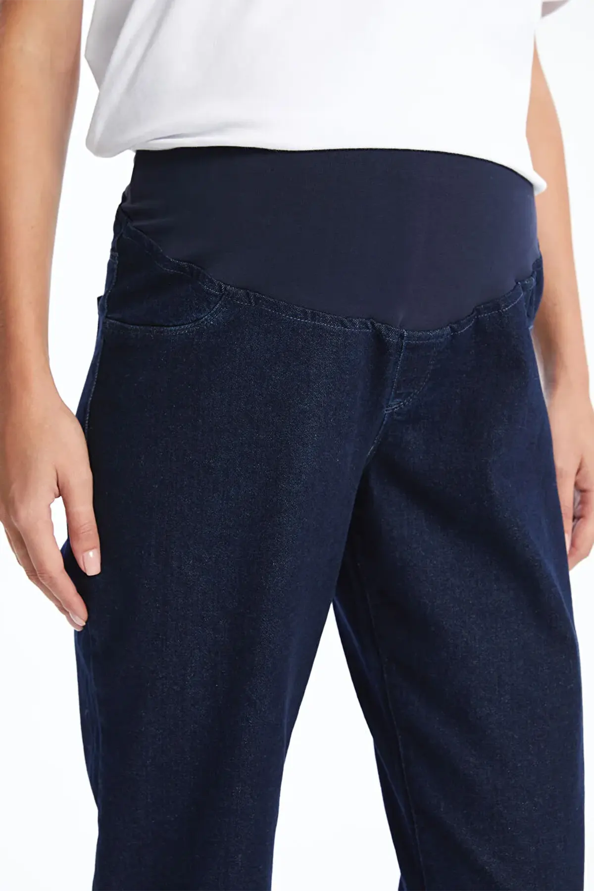 Panelled Cotton Mom Fit Maternity Jeans Navy Blue - 8285