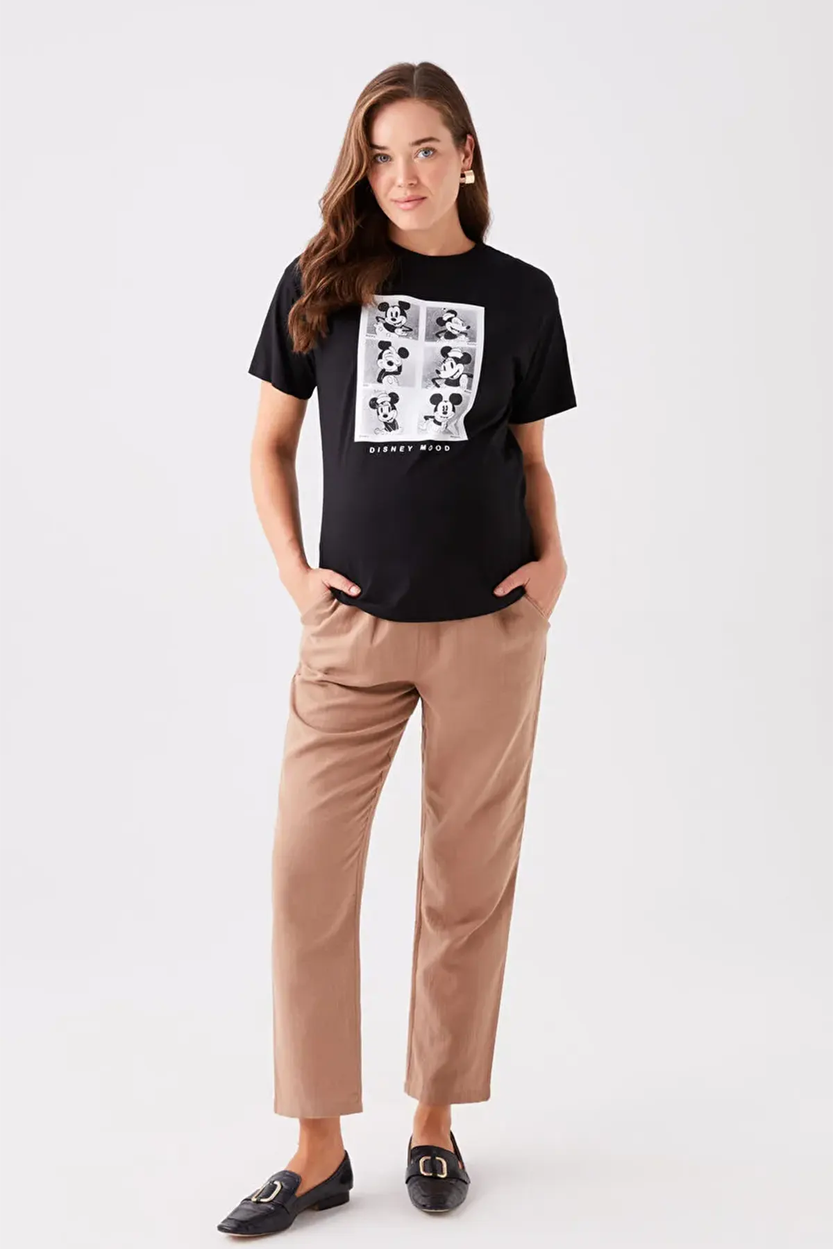 Cotton Elastic Waist Relaxed Fit Maternity Trousers Coffee - 8339