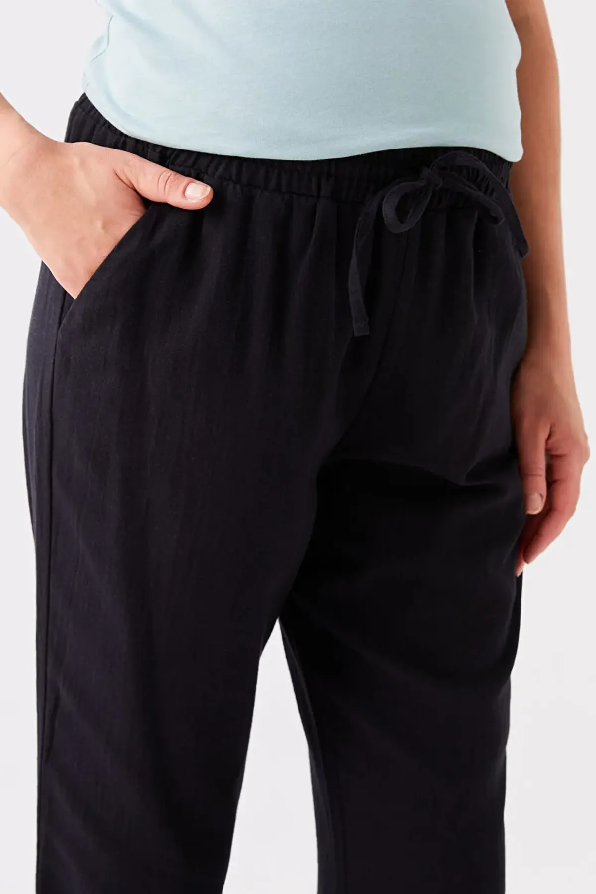 Cotton Elastic Waist Relaxed Fit Maternity Trousers Black - 8339