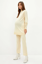 Elastic Waist Straight Wide-Leg Maternity Knit Trousers Beige - 8371