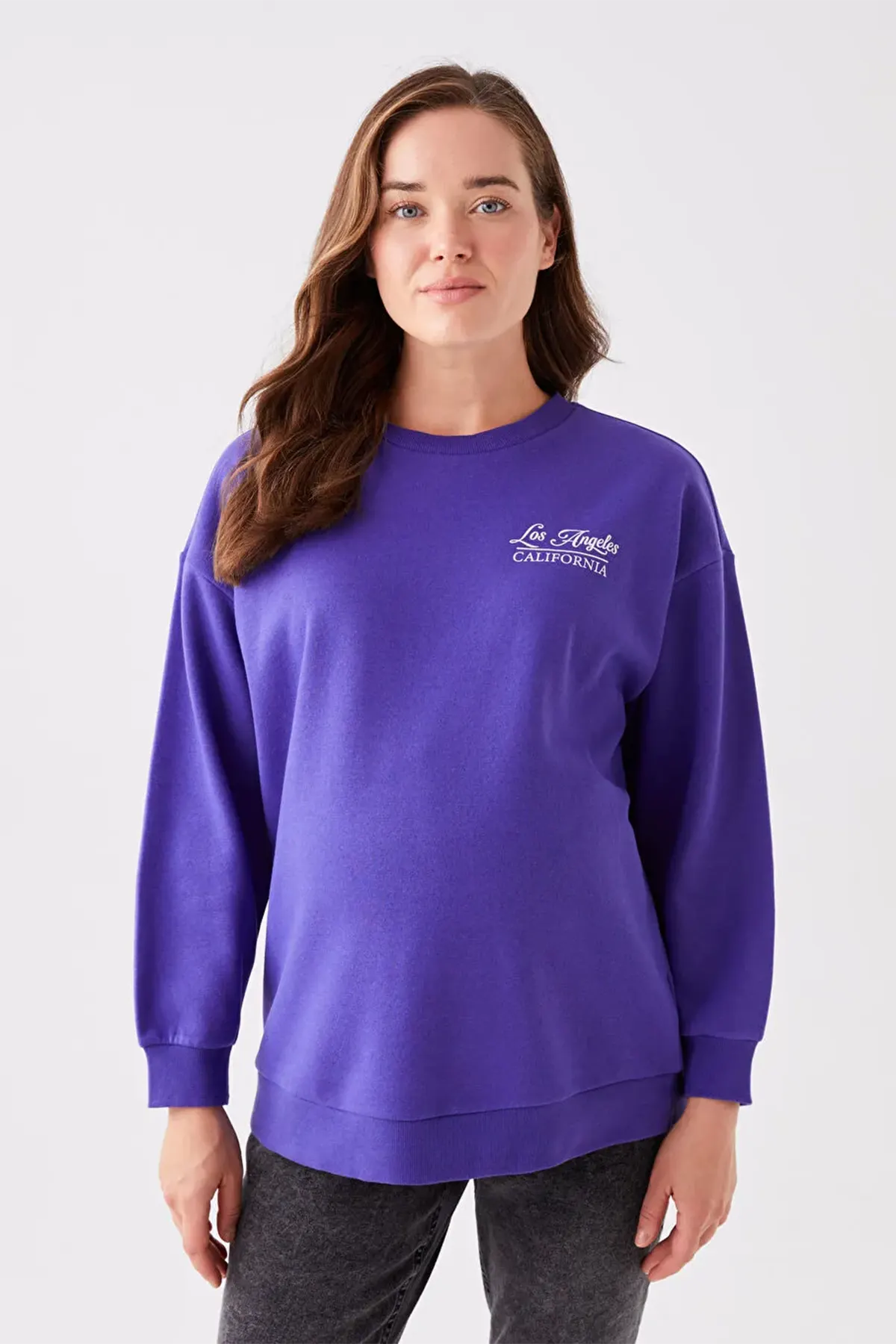 Crew Neck Printed Long Sleeve Maternity Sweatshirt Purple - 8400