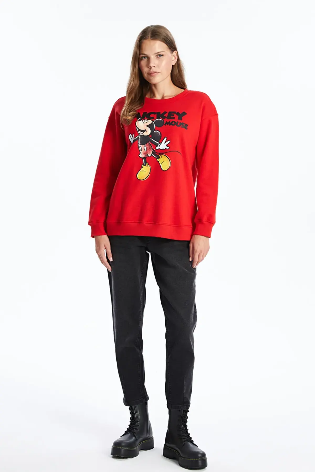 Crew Neck Mickey Mouse® Printed Maternity Thick Sweatshirt Red - 8415