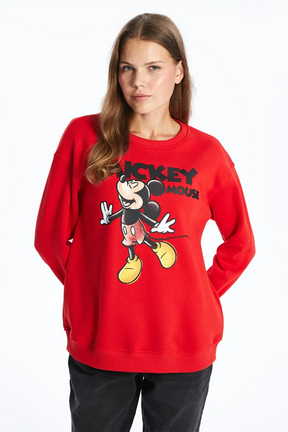 Crew Neck Mickey Mouse® Printed Maternity Thick Sweatshirt Red - 8415