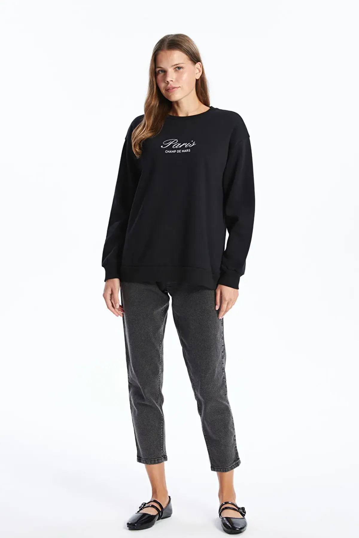 Crew Neck Printed Maternity Sweatshirt Black - 8418