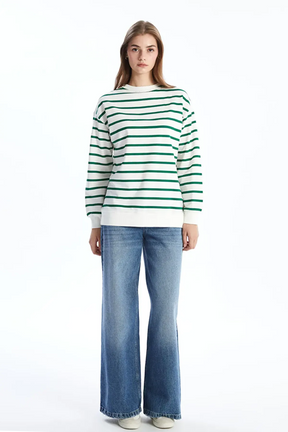 Crew Neck Striped Maternity Sweatshirt Green - 8426