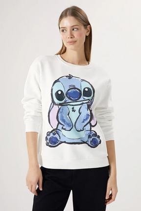 Crew Neck Lilo&Stitch® Printed Maternity Thick Sweatshirt Ecru - 8443