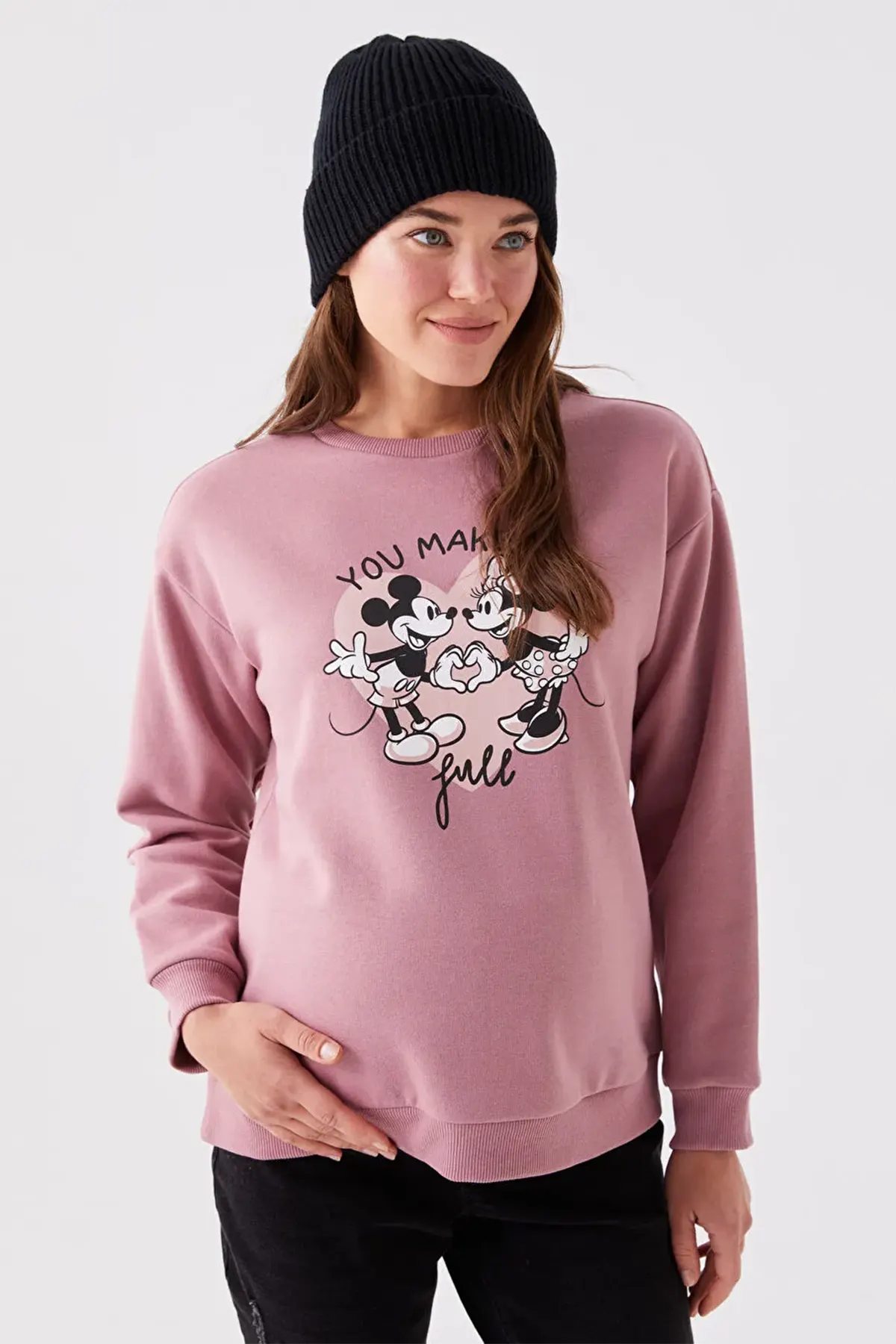 Crew Neck Mickey Mouse® Printed Maternity Sweatshirt Dried Rose - 8448