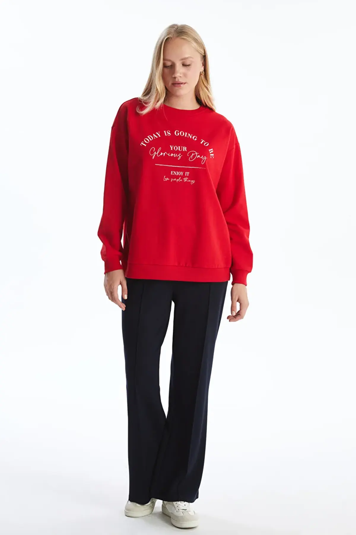 Crew Neck Printed Maternity Sweatshirt Red - 8459