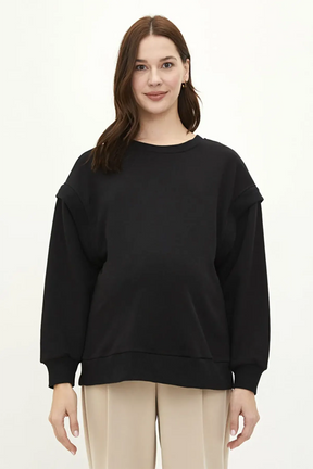 Crew Neck Straight Maternity Sweatshirt Black - 8462