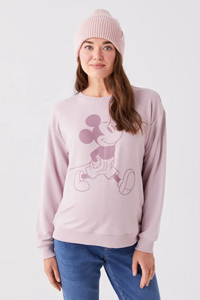 Crew Neck Mickey Mouse® Printed Long Sleeve Maternity Sweatshirt Lilac - 8469