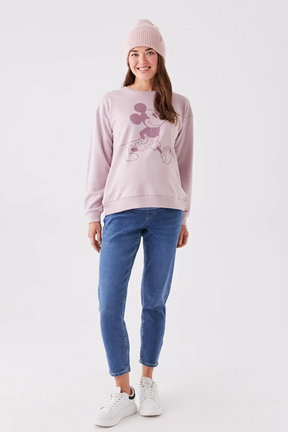 Crew Neck Mickey Mouse® Printed Long Sleeve Maternity Sweatshirt Lilac - 8469