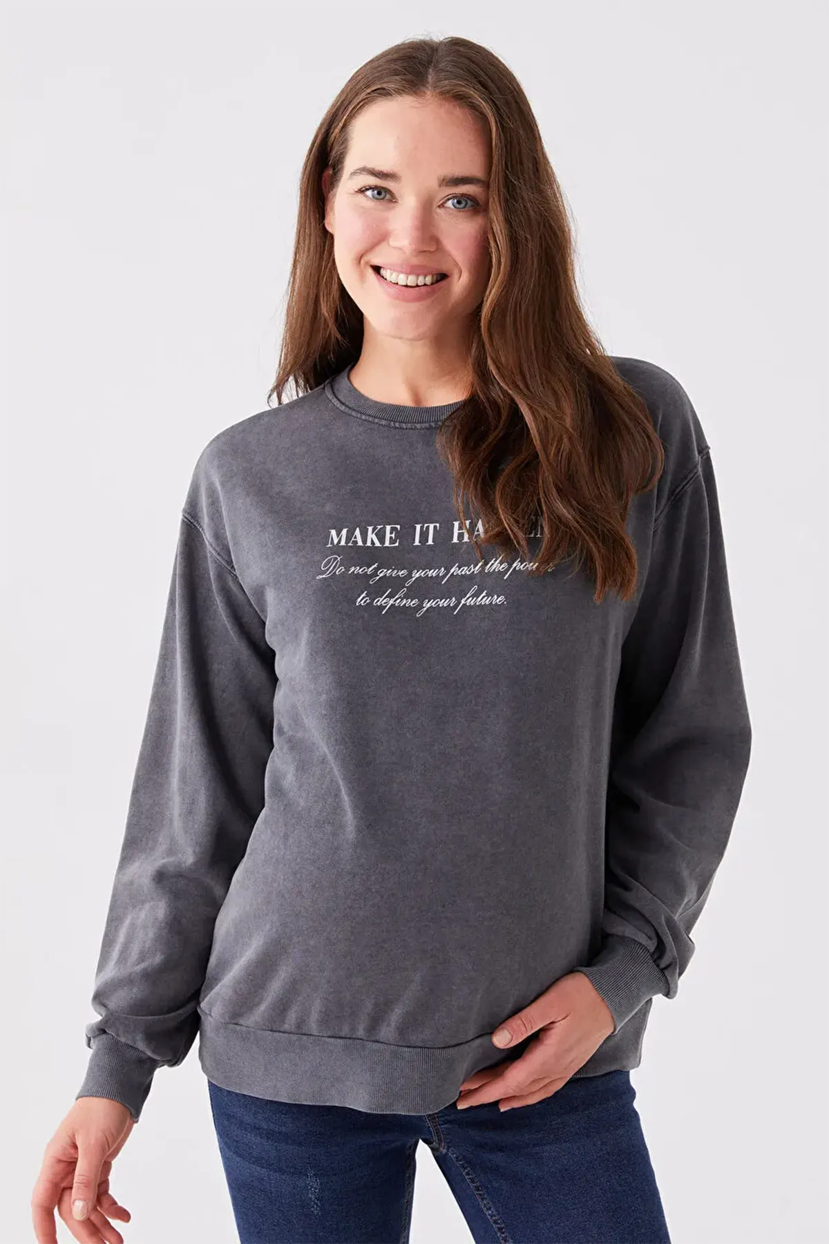 Crew Neck Printed Long Sleeve Maternity Sweatshirt Grey - 8471