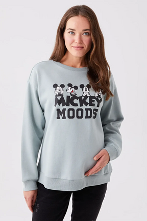 Crew Neck Mickey Mouse® Printed Maternity Sweatshirt Green - 8474