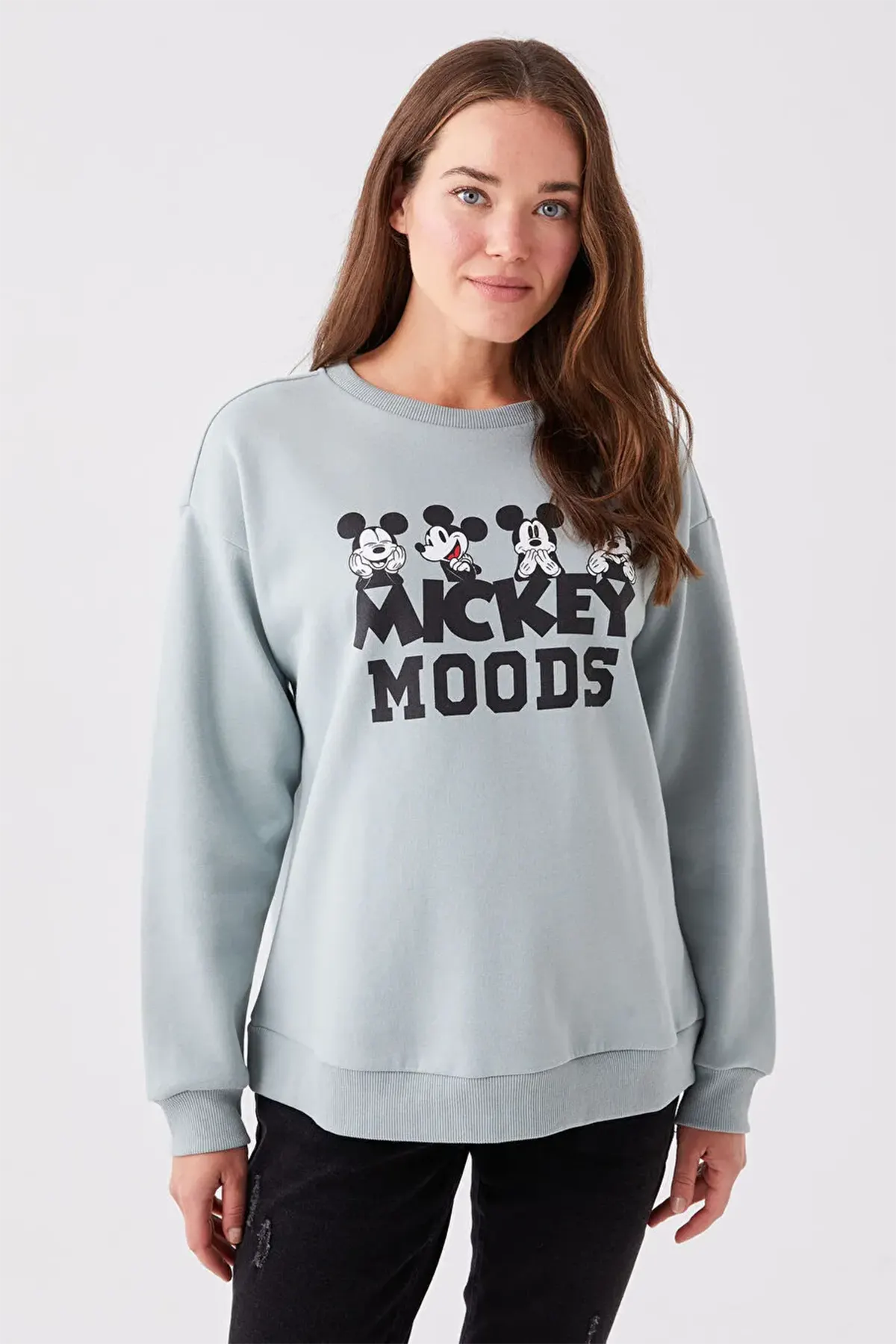 Crew Neck Mickey Mouse® Printed Maternity Sweatshirt Green - 8474