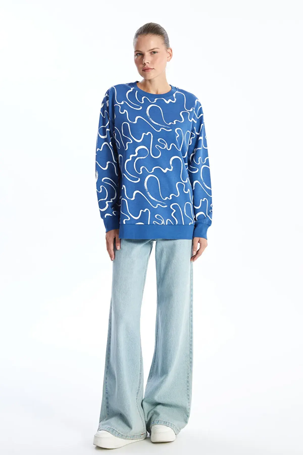 Crew Neck Patterned Maternity Sweatshirt Blue - 8481