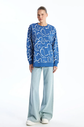 Crew Neck Patterned Maternity Sweatshirt Blue - 8481