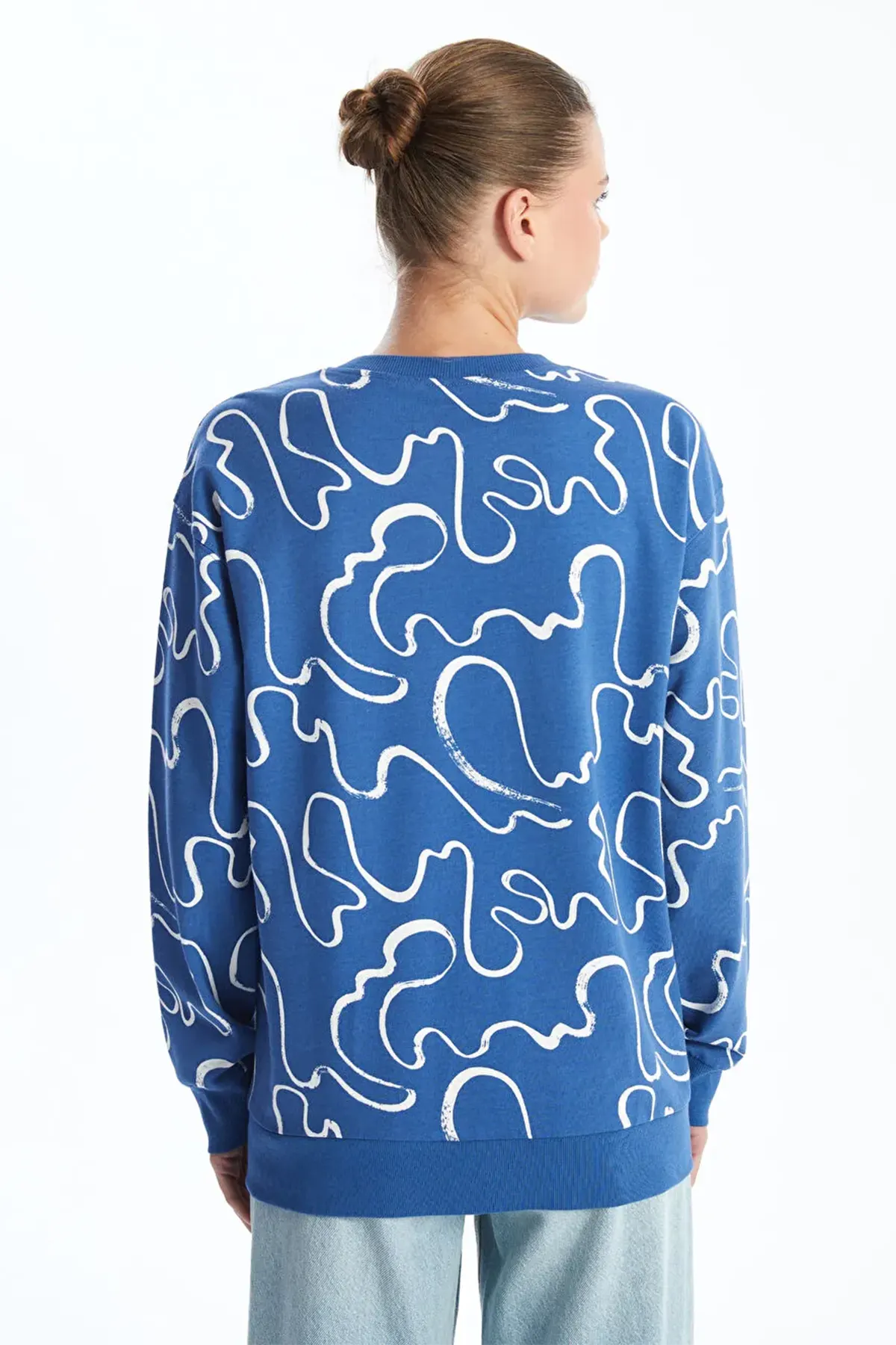 Crew Neck Patterned Maternity Sweatshirt Blue - 8481