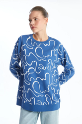 Crew Neck Patterned Maternity Sweatshirt Blue - 8481