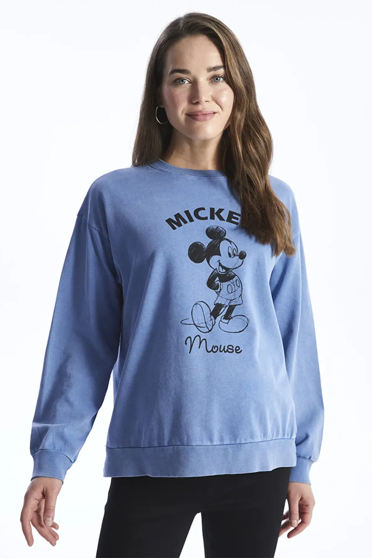 Crew Neck Mickey Mouse® Printed Long Sleeve Maternity Sweatshirt Blue - 8487