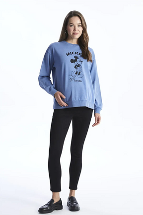 Crew Neck Mickey Mouse® Printed Long Sleeve Maternity Sweatshirt Blue - 8487