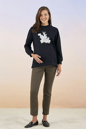 Crew Neck Bugs Bunny® Printed Cotton Maternity Sweatshirt Black - 8488