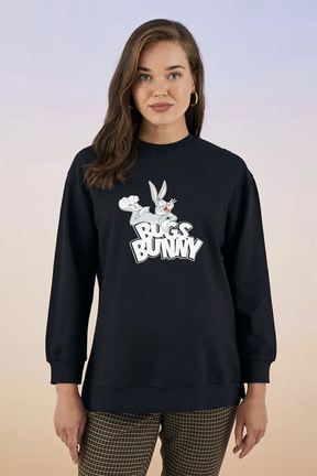 Crew Neck Bugs Bunny® Printed Cotton Maternity Sweatshirt Black - 8488