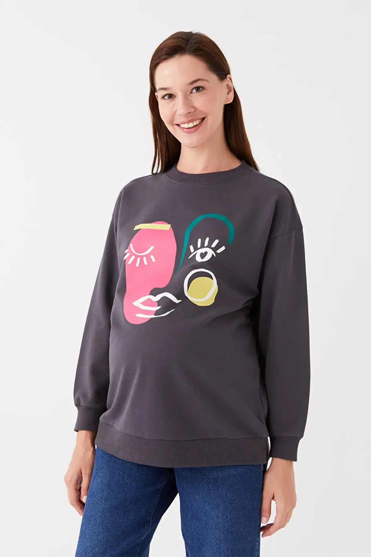 Crew Neck Printed Oversized Maternity Sweatshirt Anthracite - 8492